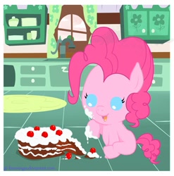 Size: 800x810 | Tagged: safe, artist:freewingss, pinkie pie, pony, baby, baby pie, baby pony, cake, filly, foal, kitchen, messy eating, solo