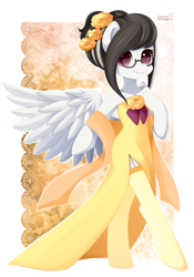 Size: 800x1145 | Tagged: safe, artist:exceru-karina, oc, oc only, oc:wintertide, pegasus, pony, semi-anthro, beautiful, clothes, commission, cute, dress, female, flower, flower in hair, garters, glasses, looking at you, mare, rose, side slit, smiling, solo, spread wings, stockings, thigh highs, wings, ych result, yellow dress