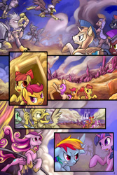 Size: 1200x1800 | Tagged: safe, artist:hobbes-maxwell, apple bloom, princess cadance, rainbow dash, scootaloo, sweetie belle, twilight sparkle, twilight sparkle (alicorn), alicorn, griffon, pegasus, pony, comic, cutie mark crusaders, female, mare, royal guard, war