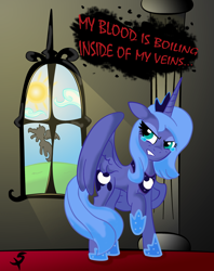 Size: 1936x2441 | Tagged: safe, artist:xscaralienx, princess luna, alicorn, pony, angry, bullet for my valentine, ow the edge, s1 luna, song reference, sun, young, younger, your betrayal