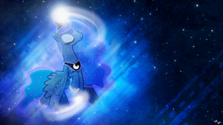 Size: 1920x1080 | Tagged: safe, artist:fillynix-artz, artist:reginault, princess luna, alicorn, pony, eyes closed, glowing horn, smiling, space, stars, vector, wallpaper