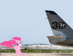 Size: 680x525 | Tagged: safe, pinkie pie, earth pony, pony, female, jackass, mare, pink coat, pink mane, plane, stunt