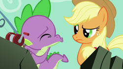 Size: 2500x1400 | Tagged: safe, artist:sierraex, applejack, spike, dragon, earth pony, pony, a dog and pony show, applespike, female, kissing, male, mare, shipping, straight, vector