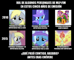 Size: 2104x1720 | Tagged: safe, artist:kojiminamotofan, derpibooru import, derpy hooves, sunset shimmer, trixie, equestria girls, rainbow rocks, comparison, meme, spanish, the simpsons, translated in the description