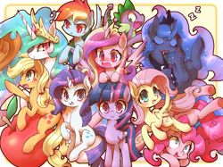 Size: 1000x749 | Tagged: safe, artist:kolshica, applejack, fluttershy, pinkie pie, princess cadance, princess celestia, princess luna, rainbow dash, rarity, spike, twilight sparkle, twilight sparkle (alicorn), alicorn, dragon, earth pony, pegasus, pony, unicorn, :<, alicorn tetrarchy, apple, blushing, cute, drool, eyes closed, female, frown, looking at you, mane six, mare, open mouth, raised hoof, sitting, sleeping, smiling, snoring, sweat, sweatdrop, underhoof, wide eyes, z, zzz