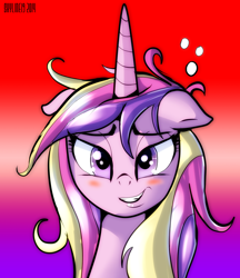 Size: 1086x1255 | Tagged: safe, artist:skyart301, princess cadance, alicorn, pony, bed mane, blushing, female, floppy ears, grin, morning ponies, solo