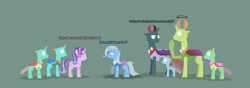 Size: 12397x4343 | Tagged: safe, artist:gd_inuk, derpibooru import, cornicle, ocellus, pharynx, starlight glimmer, thorax, trixie, changedling, changeling, pony, unicorn, absurd resolution, background changeling, blank eyes, burn marks, changedling brothers, changedlingified, changelingified, descriptive noise, dialogue, empty eyes, green background, implied transformation, king thorax, lineless, no mouth, no pupils, one hoof raised, pharynx is not amused, prince pharynx, simple background, species swap, stylized, trixie is not amused, unamused