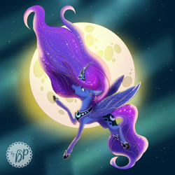 Size: 1000x1000 | Tagged: safe, artist:bydaliapamela, princess luna, alicorn, pony, curved horn, flying, horn jewelry, jewelry, moon, solo