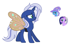 Size: 1024x635 | Tagged: safe, artist:sapphiretwinkle, derpibooru import, trixie, oc, pony, canon x oc, cardboard wings, fake wings, magical lesbian spawn, offspring, parent:trixie, parents:canon x oc