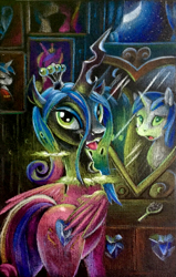 Size: 701x1099 | Tagged: safe, artist:tsitra360, queen chrysalis, shining armor, changeling, changeling queen, pony, unicorn, disguise, disguised changeling, fake cadance, looking at you, mirror, solo, traditional art