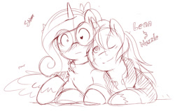 Size: 850x542 | Tagged: safe, artist:ende26, princess cadance, shining armor, alicorn, pony, unicorn, adorkable, blushing, cute, cutedance, dork, female, glasses, male, monochrome, nuzzling, pomf, prone, shining adorable, shiningcadance, shipping, sketch, smiling, straight, wide eyes, wingboner, wingding eyes