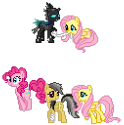 Size: 254x256 | Tagged: safe, artist:robokitty, daring do, fluttershy, pinkie pie, oc, oc:mirror match, changeling, earth pony, pegasus, pony, bandage, broken horn, mirror, pixel art, simple background, smoke and mirrors, sprite, transparent background