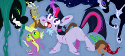 Size: 1280x571 | Tagged: safe, artist:sugaryboogary, discord, nightmare moon, queen chrysalis, spike, twilight sparkle, changeling, changeling queen, dragon