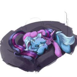 Size: 1200x1200 | Tagged: safe, artist:xenstroke, derpibooru import, trixie, twilight sparkle, pony, female, lesbian, shipping, sleeping, twixie