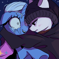Size: 800x800 | Tagged: artist needed, safe, derpibooru import, trixie, oc, oc:anon, earth pony, pony, unicorn, /mlp/, 4chan, beanie, blushing, cape, clothes, crying, doomer, female, hat, hoodie, hug, male, mare, open mouth, shocked, stallion, trixie's cape