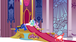 Size: 1280x720 | Tagged: safe, princess cadance, princess celestia, princess luna, oc, oc:democracy, alicorn, pony, twilight's kingdom, female, friendship is magic bitch, male, mare, royal sisters, stallion, stick pony