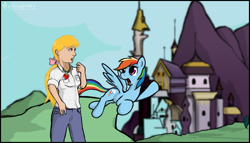 Size: 1207x690 | Tagged: safe, artist:tetrapony, megan williams, rainbow dash, human, pony, g1, canterlot, g1 to g4, generation leap