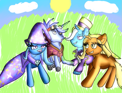 Size: 675x512 | Tagged: safe, artist:crystalsnowolf, derpibooru import, hoo'far, jack pot, sunflower spectacle, trixie, pony, female, jacktacle, male, shipping, straight, trixfar