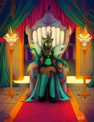 Size: 1936x2500 | Tagged: safe, artist:ms-seven0, queen chrysalis, anthro, changeling, changeling queen, chalice, crossed legs, solo, throne