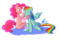 Size: 600x424 | Tagged: safe, artist:imasquerade, artist:payface, pinkie pie, rainbow dash, earth pony, pegasus, pony, female, lesbian, pinkiedash, shipping, squishy cheeks