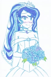 Size: 1821x2746 | Tagged: safe, artist:dragonemperror2810, princess luna, human, blushing, bouquet, clothes, dress, humanized, partial color, solo, wedding dress