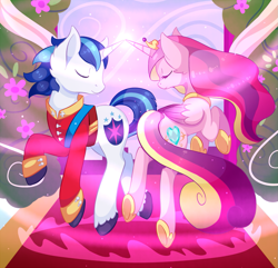 Size: 1219x1177 | Tagged: safe, artist:uncertainstardust, princess cadance, shining armor, alicorn, pony, unicorn, a canterlot wedding, eyes closed, female, magic, male, scene interpretation, shiningcadance, shipping, straight