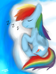 Size: 900x1200 | Tagged: safe, artist:nerusenpai, rainbow dash, pegasus, pony, blue coat, female, mare, multicolored mane, sleeping, solo, zzz