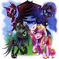 Size: 900x900 | Tagged: dead source, safe, artist:inky-pinkie, nightmare moon, princess cadance, princess luna, queen chrysalis, alicorn, changeling, changeling queen, nymph, pony, cute, cutealis, cutedance, female, happy, heart, heart eyes, looking at you, lunabetes, moonabetes, one eye closed, open mouth, self ponidox, signature, simple background, smiling, smiling at you, transparent background, wingding eyes, wink
