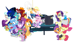 Size: 1100x647 | Tagged: safe, artist:dm29, apple bloom, applejack, boulder (pet), coco pommel, garble, maud pie, princess cadance, princess ember, princess flurry heart, princess luna, rainbow dash, rarity, shining armor, snowfall frost, spike, starlight glimmer, sunburst, tender taps, trixie, alicorn, dragon, earth pony, pegasus, pony, unicorn, a hearth's warming tail, applejack's "day" off, gauntlet of fire, newbie dash, no second prances, on your marks, the crystalling, the gift of the maud pie, the saddle row review, angel rarity, backwards cutie mark, bathrobe, beach chair, bloodstone scepter, clothes, cold, cracked armor, crossing the memes, cutie mark, dancing, devil rarity, dragon lord spike, emble, female, filly, garble's hugs, hat, hearth's warming, male, mare, meme, menu, now you're thinking with portals, portal, present, rainbow trash, safety goggles, shipping, sofa, spirit of hearth's warming yet to come, straight, tenderbloom, the cmc's cutie marks, the meme continues, the story so far of season 6, this isn't even my final form, toolbelt, top hat, towel, trash can, wonderbolts uniform