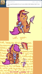 Size: 635x1112 | Tagged: safe, artist:feathersandink, rainbow dash, scootaloo, pegasus, pony, ask, comic, creepy, hug, plushie, that scootaloo, tumblr