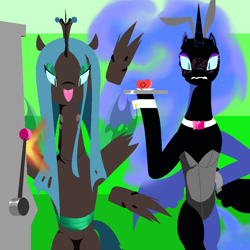 Size: 1000x1000 | Tagged: safe, artist:jun, nightmare moon, queen chrysalis, changeling, changeling queen, pony, bipedal, blushing, bunny suit, casino, clothes, leotard, slot machine