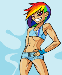 Size: 600x726 | Tagged: safe, artist:hureno, rainbow dash, armpits, belly button, breasts, clothes, delicious flat chest, human coloration, humanized, midriff, rainbow flat, sports bra, sports shorts