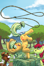 Size: 900x1320 | Tagged: safe, artist:atryl, apple bloom, applejack, winona, earth pony, pony, balancing, hay bale, lasso, rope, rope trick