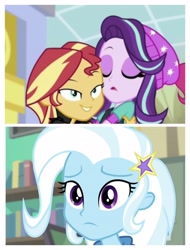 Size: 3106x4096 | Tagged: safe, derpibooru import, edit, edited screencap, screencap, starlight glimmer, sunset shimmer, trixie, better together, equestria girls, forgotten friendship, mirror magic, spoiler:eqg specials, sad