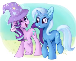 Size: 1024x820 | Tagged: safe, artist:lupispone, derpibooru import, starlight glimmer, trixie, pony, unicorn, accessory swap, clothes, duo, duo female, female, glowing horn, hat, horn, mare, one eye closed, smiling, trixie's hat