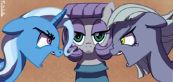 Size: 700x330 | Tagged: safe, artist:foudubulbe, derpibooru import, limestone pie, maud pie, trixie, pony, unicorn, comic:damp rocks, angry, eye contact, female, floppy ears, frown, glare, mare, nose wrinkle, open mouth, yelling