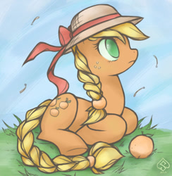 Size: 790x811 | Tagged: safe, artist:soulspade, applejack, earth pony, pony, alternate hairstyle, alternate universe, braided tail, hat, orangejack, prone, solo