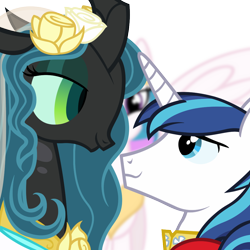 Size: 1024x1024 | Tagged: safe, artist:dtkraus, princess celestia, queen chrysalis, shining armor, alicorn, changeling, changeling queen, pony, unicorn, a canterlot wedding, alternate hairstyle, bedroom eyes, eye contact, female, male, marriage, role reversal, shining chrysalis, shipping, simple background, smiling, straight, transparent, transparent background, wedding