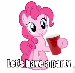 Size: 575x559 | Tagged: safe, pinkie pie, earth pony, pony, caption, cup, image macro, meme, red solo cup, solo