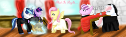 Size: 4474x1340 | Tagged: safe, artist:reipid, fluttershy, nurse redheart, nurse sweetheart, shining armor, twilight sparkle, earth pony, pegasus, pony, unicorn, bishop, candelabra, church, crossover, female, javert, jean valjean, les miserables, magic, male, mare, nun, ponified, sad, speech, stallion, tablecloth