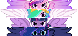 Size: 1823x845 | Tagged: safe, artist:pikeinverse, princess cadance, princess celestia, princess luna, twilight sparkle, twilight sparkle (alicorn), alicorn, pony, alicorn tetrarchy, female, looking at you, mare, spread wings