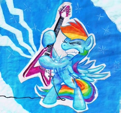 Size: 1333x1240 | Tagged: safe, artist:graffegruam, rainbow dash, pegasus, pony, acrylic painting, flying v, guitar, music, musical instrument, traditional art