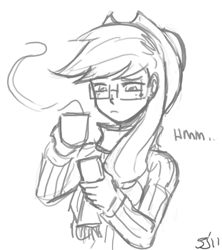 Size: 800x902 | Tagged: safe, artist:johnjoseco, applejack, human, clothes, coffee, glasses, grayscale, hipster, humanized, monochrome, scarf, solo