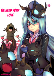 Size: 494x700 | Tagged: safe, artist:bakki, queen chrysalis, changeling, human, nymph, 30 minute art challenge, blushing, clothes, cute, cuteling, female, happy, heart, humanized, looking at you, mommy chrissy, open mouth, simple background, smiling, white background