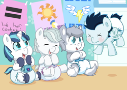 Size: 1248x883 | Tagged: safe, artist:artiecanvas, double diamond, shining armor, soarin', oc, oc:lokai, pony, unicorn, cute, cutie mark diapers, diaper, foal, non-mlp oc, poofy diaper