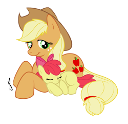 Size: 1771x1708 | Tagged: safe, artist:littletiger488, apple bloom, applejack, earth pony, pony, adorabloom, cute, prone, simple background, sisters, sleeping