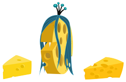 Size: 6000x3900 | Tagged: safe, artist:magister39, queen chrysalis, changeling, changeling queen, cheese, cheese wheel, fangs, joke, object, queen swissalis