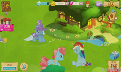 Size: 800x480 | Tagged: safe, derpibooru import, screencap, cup cake, rainbow dash, trixie, pegasus, pony, unicorn, female, gameloft, mare