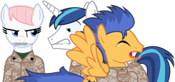 Size: 1390x652 | Tagged: safe, artist:totallynotabronyfim, flash sentry, nurse redheart, shining armor, earth pony, pegasus, pony, unicorn, camouflage, clothes, combat medic, crying, female, male, mare, marines, military, mouth hold, navy, needle, needle phobia, ouch, scared, soldier, spread wings, stallion, syringe, teary eyes, trypanophobia, uniform, vaccination, wings