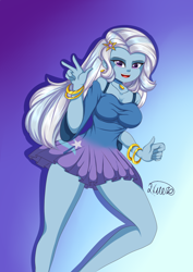 Size: 1240x1748 | Tagged: safe, artist:hwers, derpibooru import, trixie, equestria girls, barrette, beautiful, bracelet, breasts, cleavage, clothes, dress, female, jewelry, legs, looking at you, necklace, solo, thighs, titsie